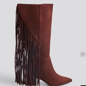 Fashion to Figure Suede Fringe Heeled Boots in Brown. Wide Calf Wide Foot